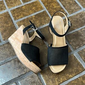 Franco Sarto Carissa Black Perforated Ankle Strap Cork Wedge Sandal